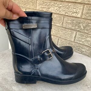 COACH LESTER NAVY BLUE BLACK LOGO SHORT RAIN RUBBER BOOTS Sz5